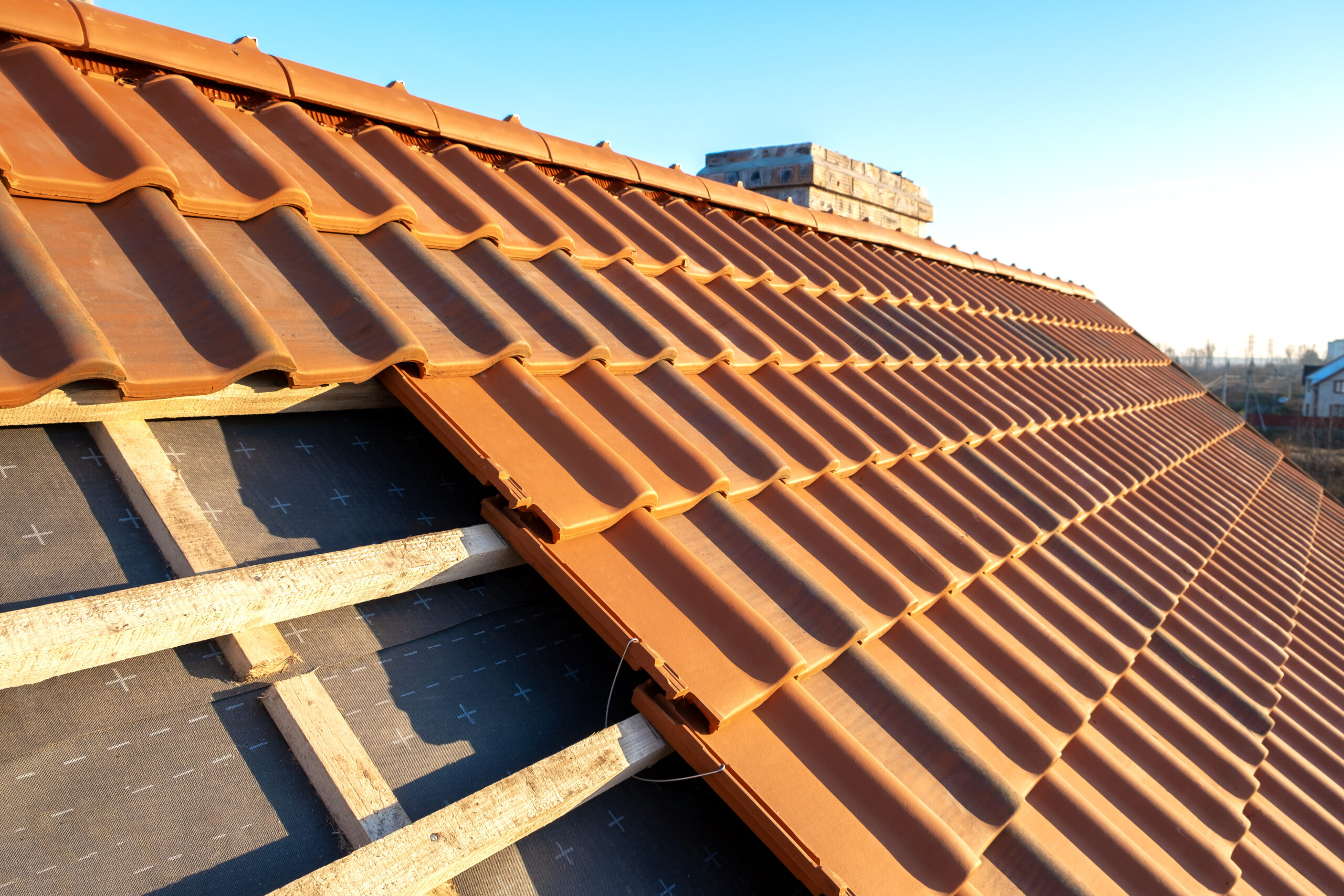 Tile roof in the process of being installed