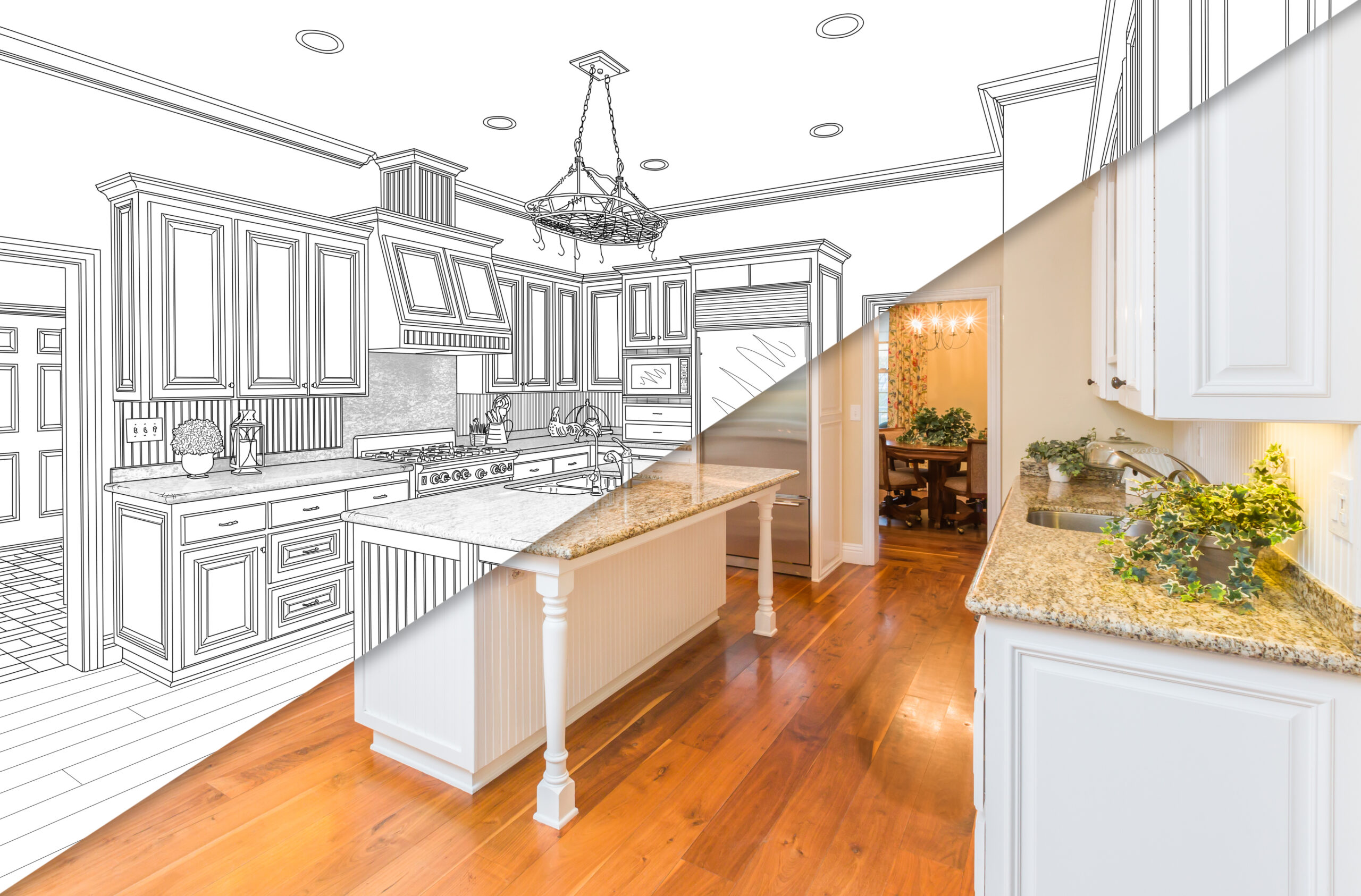 Interior renovation of kitchen with drawing and live results