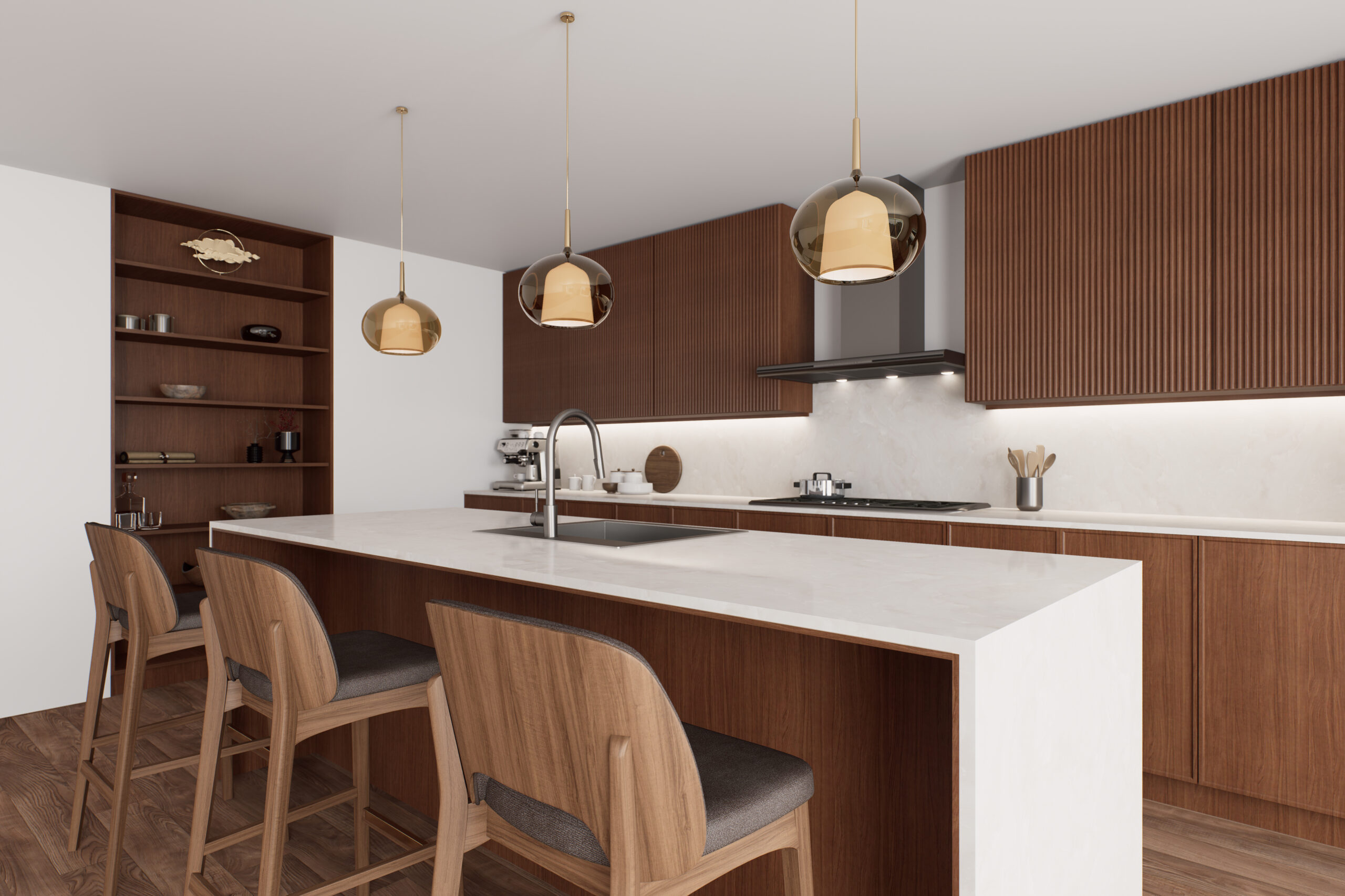 Modern kitchen with brown cabinets and an island with white countertops