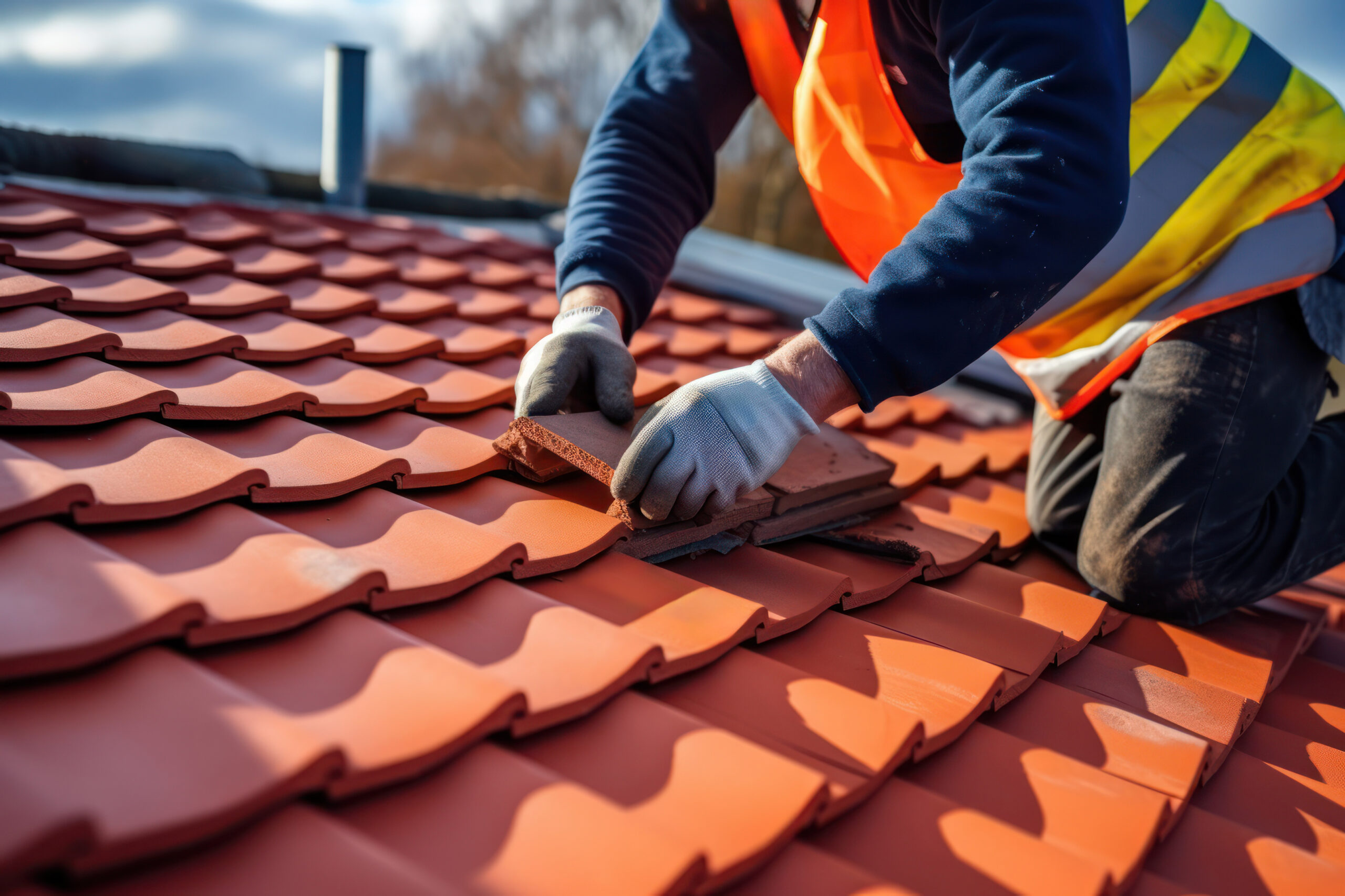 Roofers installing a red tile roof