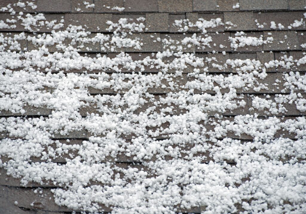 Hailstones clustered on asphalt shingle roof